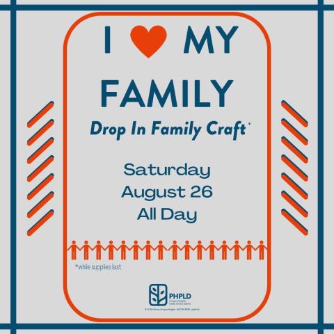 Grey backfround- program title and information in blue- orange heart in title- image of people in a line holding hands in orange- library logo in blue