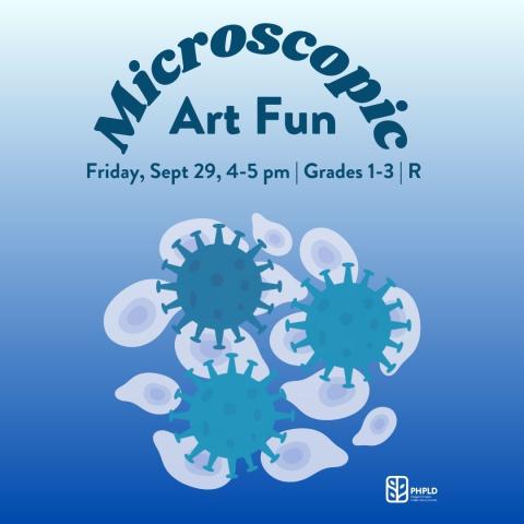 gradient blue background- image of cells and germs in blues- program information in blue- library logo in white