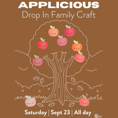 brown background- image of an apple tree in white- red and pink apples- program information and library logo in white