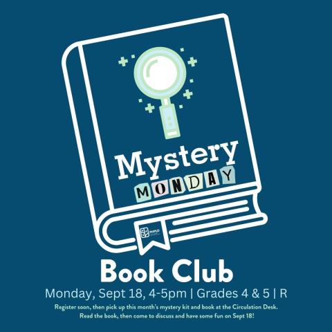 blue background- image of a book in white- magnigying glass on cover of book- program information and library logo in white