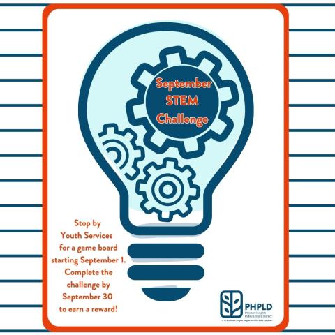image of a blue lightbulb with gears inside it- program details in orange- library logo in blue