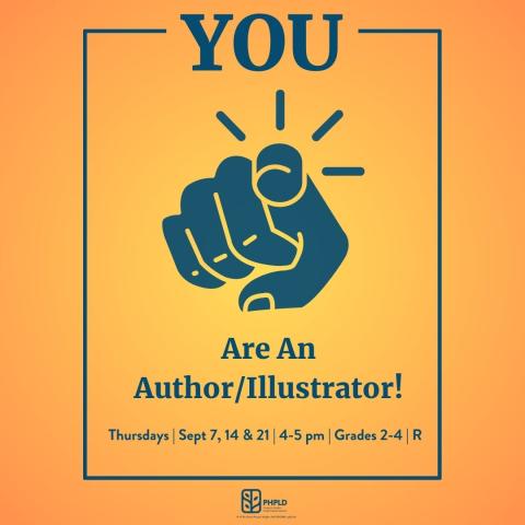 light orange background- image of a blue hand pointing at the reader- program title and details in blue- library logo in blue