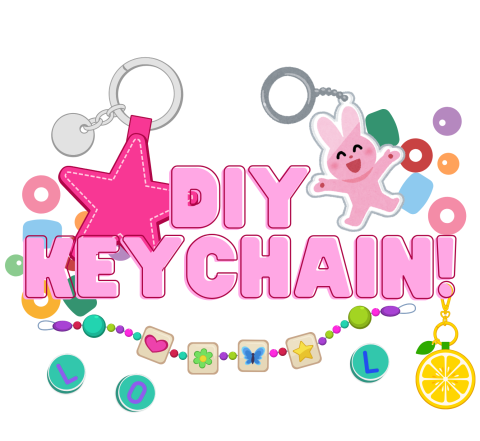 The words "DIY: Keychain!" surrounded by a star, bunny and lemon charm and bracelet, as well as various colored beads.