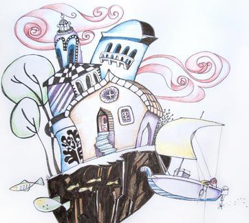 flying fantasy house drawing