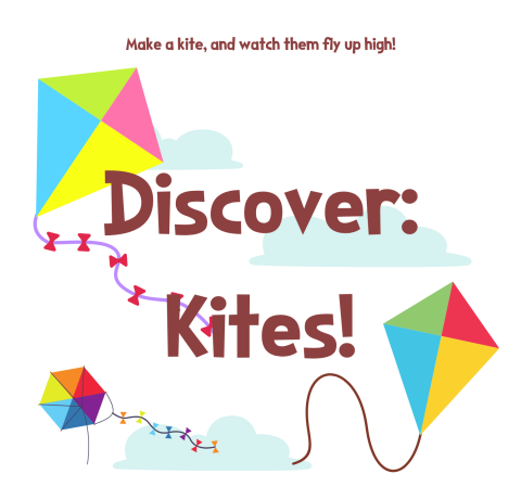 The words "Discover: Kites!" surrounded by three rainbow kites, in front of three clouds.