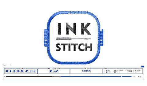 Ink/Stitch logo inside of an illustrated embroidery hoop; a menu from the software is the background