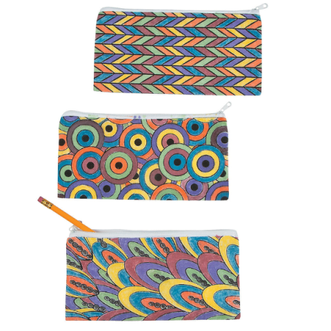 three pencil bags with colorful designs on a white background