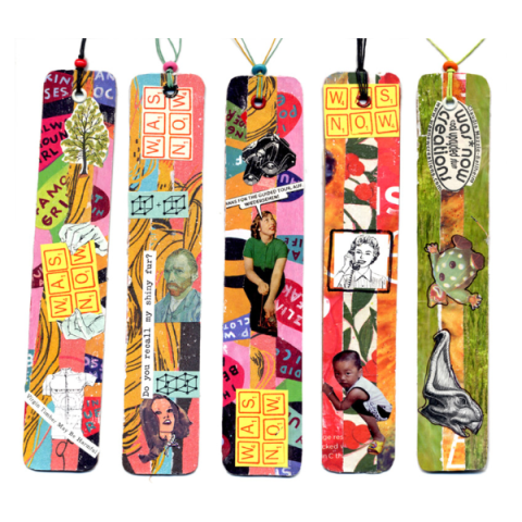 five collage bookmarks on a white background, the bookmarks have ribbons on the top