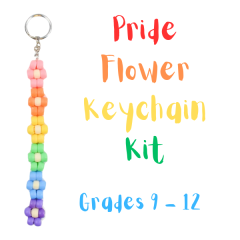 a picture of a keychain of beaded flowers and the text "pride flower keychain kit, grades 9 - 12"