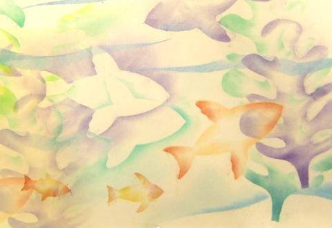 pastel stencil pond art pondscape