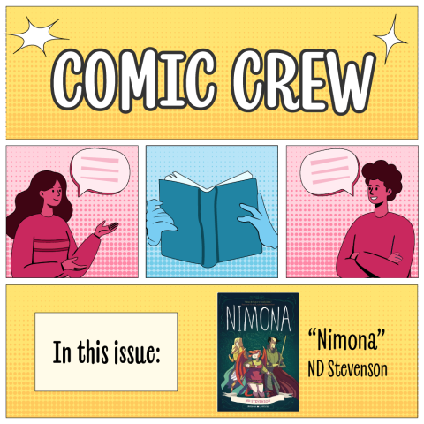 Text stating Comic Crew while the background is laid out with panels like a comic book. The In this Issue section features Nimona as the book that will be covered in the meeting.