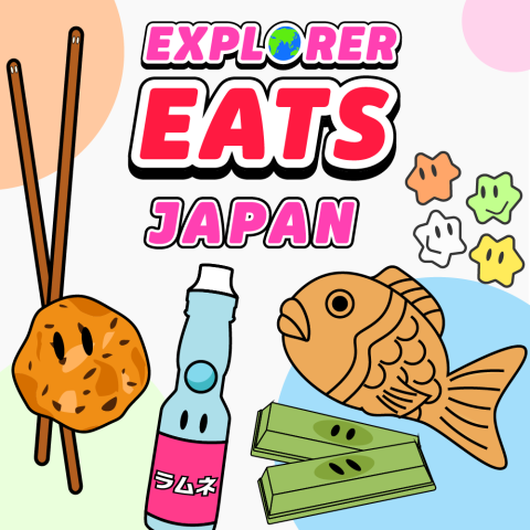 Text states Explorer Eats Japan. There are pictures of various Japanese snacks like pocky, rice crackers, ramune, green tea Kit Kats, taiyaki, and konpeito.