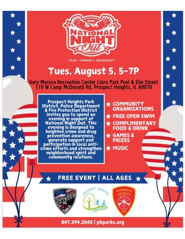 National Night Out, Family Night, Prospect Heights, Park District, Fire Department, Police Department, Lions Club, Prospect Heights Public Library