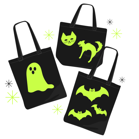 Black totes with glow in the dark designs of a ghost cat and bats