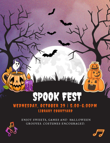 Spook Fest on Wednesday, October 29 from 5 to 6pm at the library courtyard. Halloween tunes, sweet treats, and games await. Costumes encouraged.