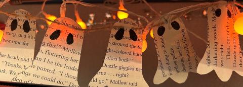 Ghost garland made out of book pages 