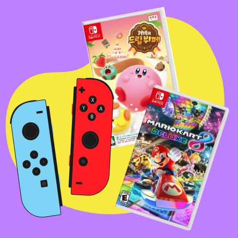 Nintendo switch consoles with Mario Kart game cover