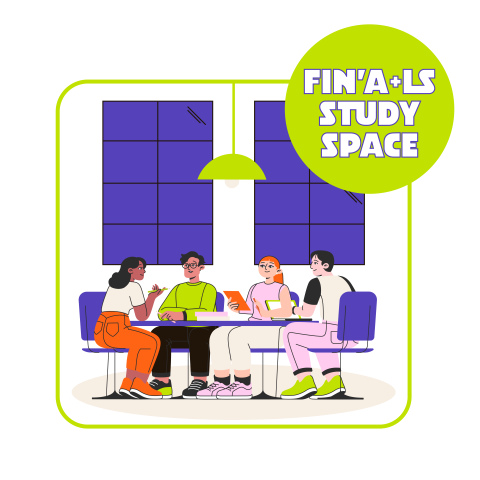 Teens sitting around a table studying with text Finals Study Space