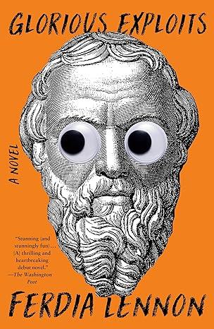 an orange cover with the white head of a greek statue with googly eyes