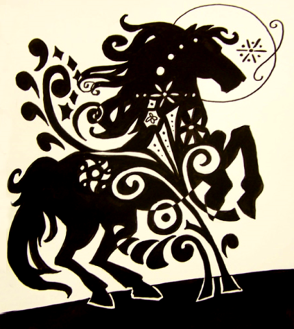 Inked horse with decorative florals