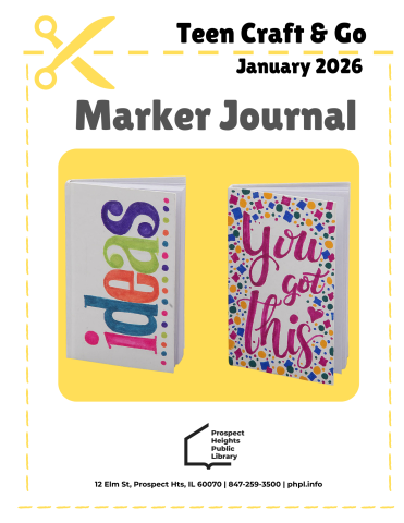 Text stating Teen Craft and Go Marker Journal. Shows an image of two journals decorated in marker
