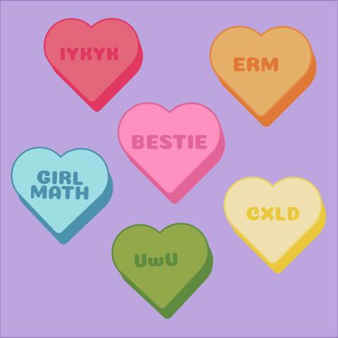 Picture of candied hearts with sayings like uwu, bestie, iykyk, girl math, etc.