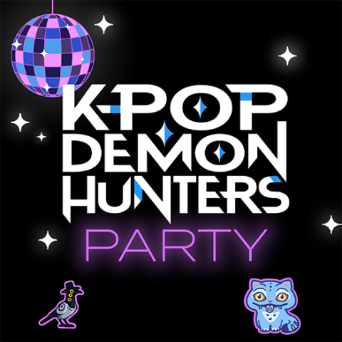 Illustration of a disco ball over text that says kpop demon hunters party featuring the little cat and bird from the movie