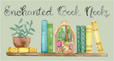 Text states Enchanted Book Nook, along with a text of a book shelf with books, plants, and a box with a fantastical scene in it.