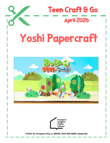 Text stating Teen Craft and Go Yoshi Papercraft. Displays a scene with Yoshi from the Mario Brothers in a forest scene with Shy Guys.