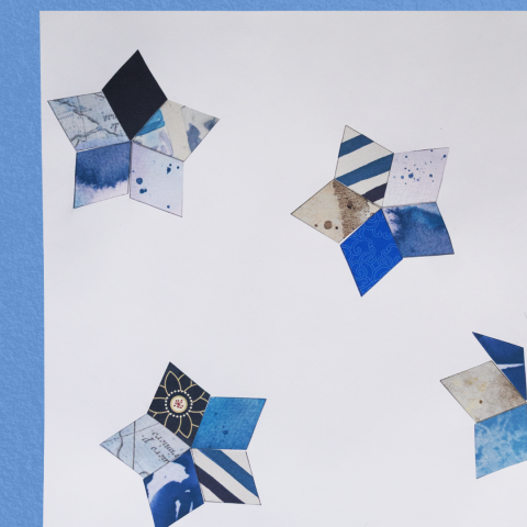 Collage in blue hues with diamond shapes.