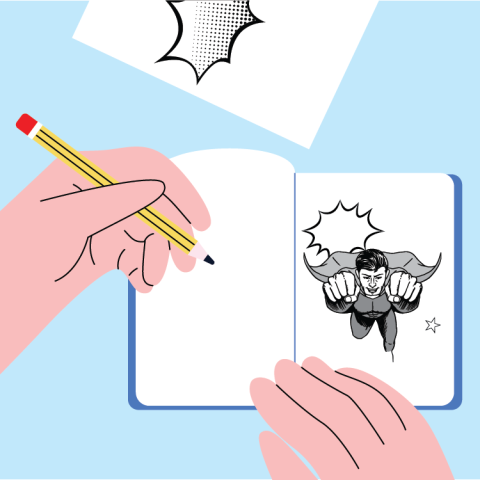Image of a person drawing a superhero in a journal