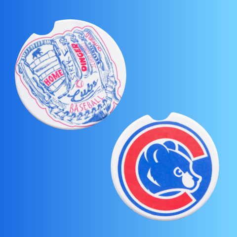 Ceramic car coasters with images of a baseball glove and Cubs logo.