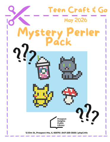 Perler beads designs of a mushroom, grey cat, pikachu, and starbucks coffee surrounded by question marks