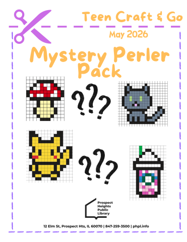 Perler beads designs of a mushroom, grey cat, pikachu, and starbucks coffee surrounded by question marks