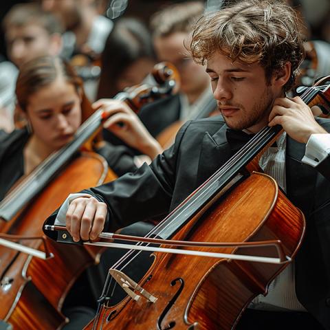 Musicians perform in symphony orchestra.