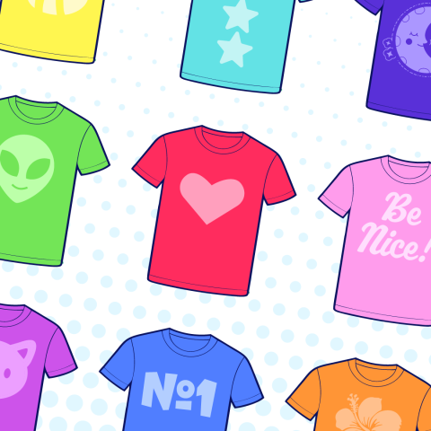 rows and columns of different colored shirts with different graphics on each shirt