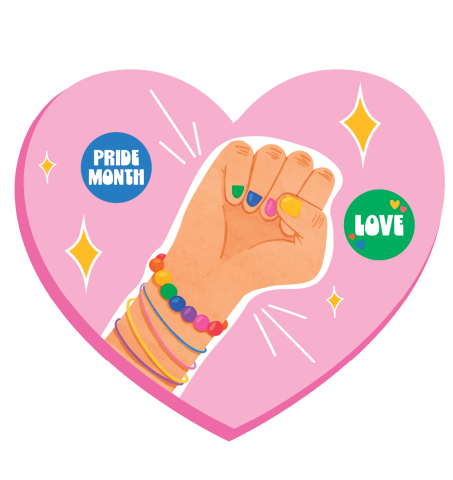 pink heart with a raised fist wearing rainbow bracelets