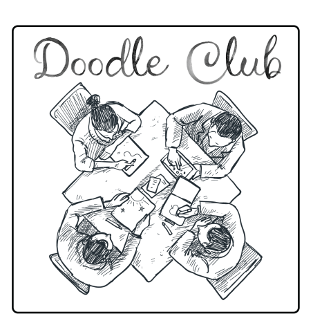 Four people sitting around a table and drawing