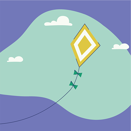 Kite floating among clouds illustration.