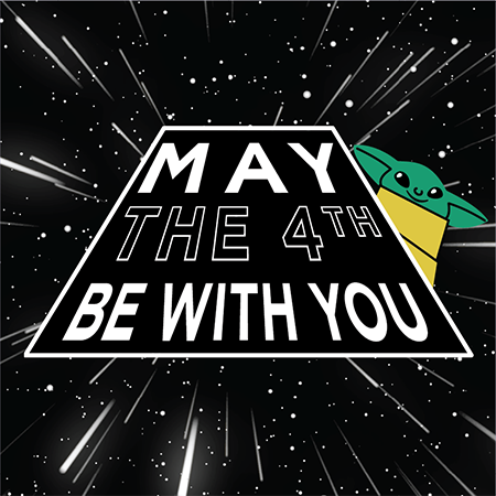 Starry sky with Yoda illustration.