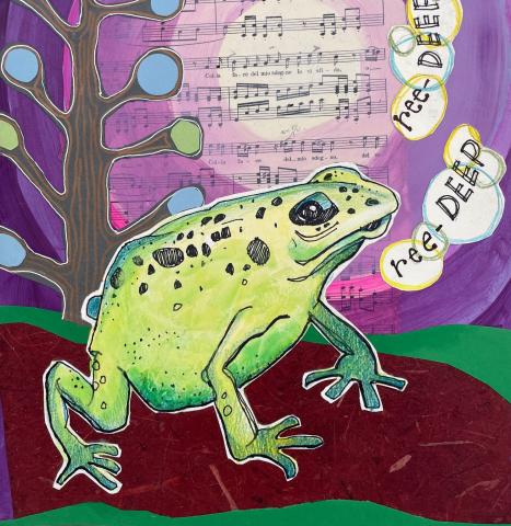 croaking frog collage with music sheet