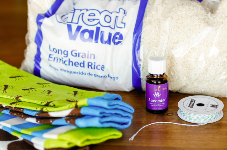 photo of a bag of rice, colorful socks, and twine