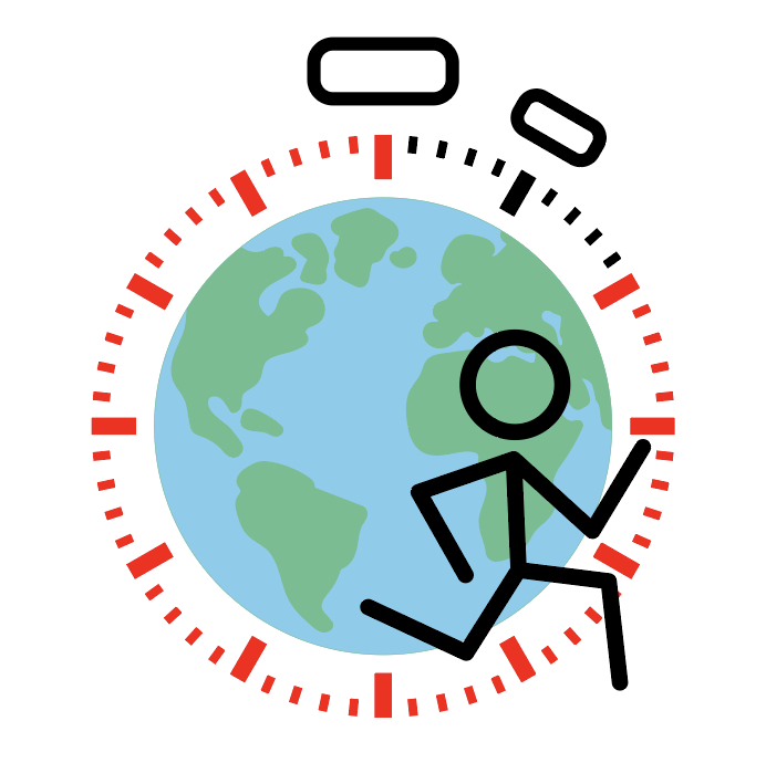 Picture of a globe with a stopwatch design overlaid. A stickperson is running across the globe. 