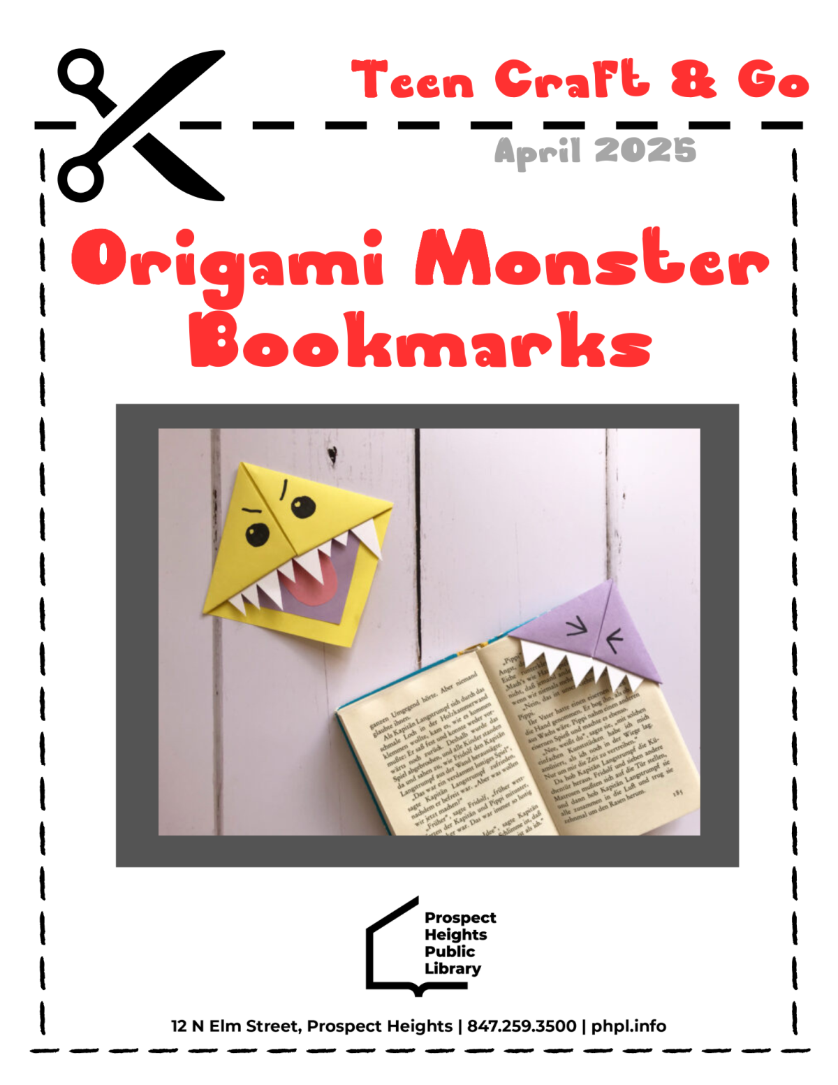 The words Origami Monster Bookmark, showing a picture of origami bookmarks placed in a book.