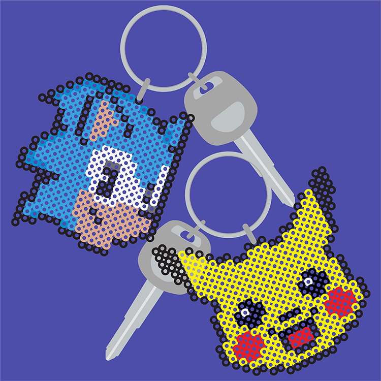 Sonic and Pikachu as perler bead keychains.