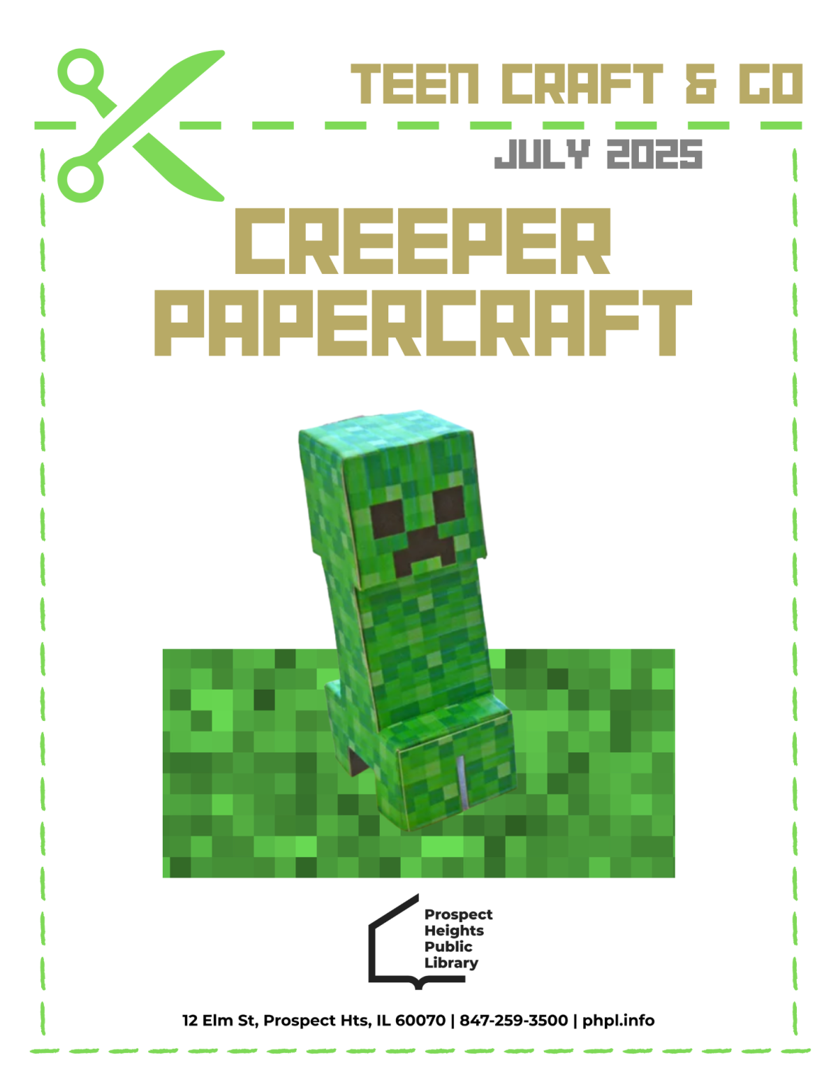 Picture of a papercraft Minecraft creeper with text Teen Craft and Go Creeper Papercraft