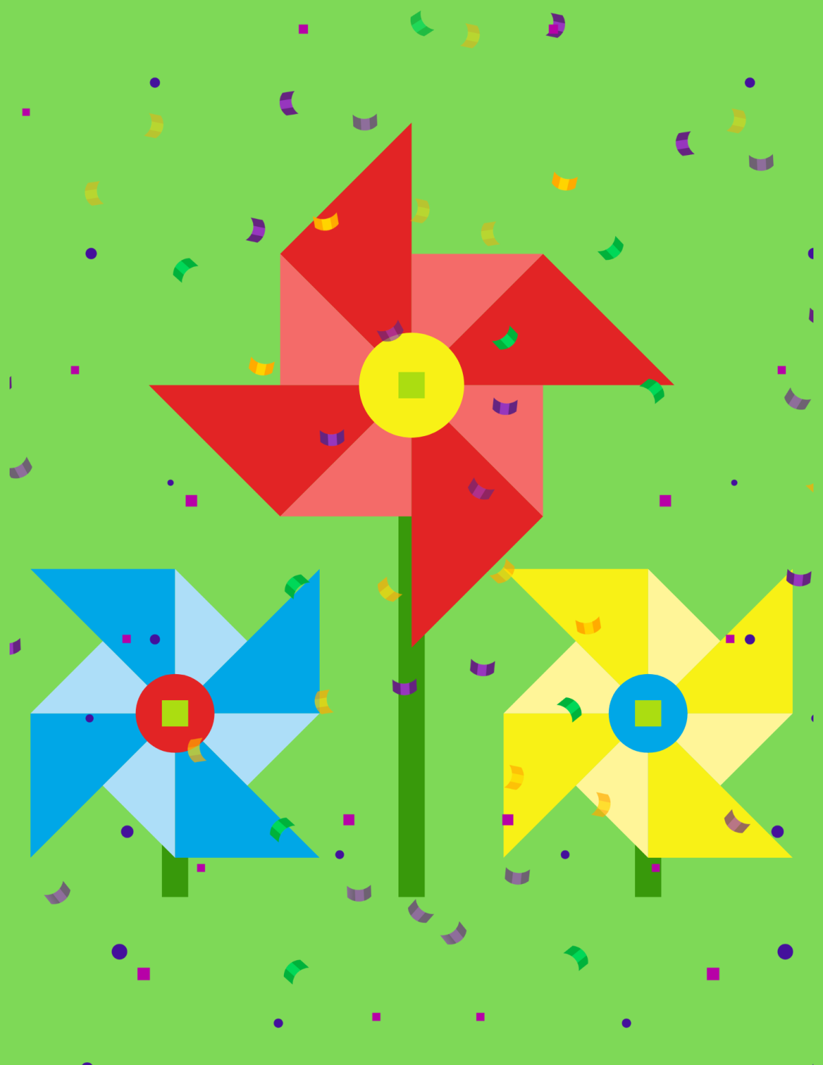 Graphic of three colorful pinwheels 