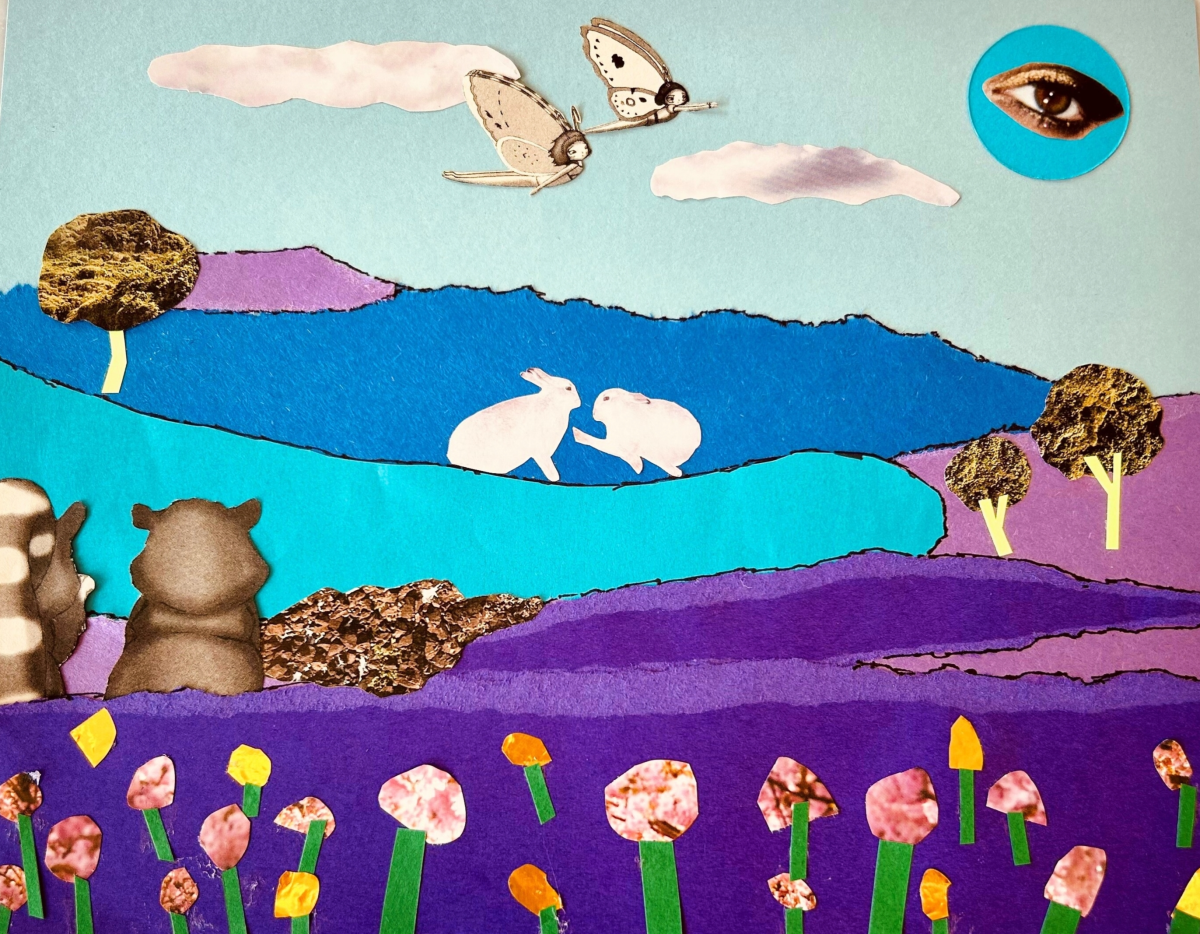 Collage art featuring hills, a river, flowers and critters made out of papercut shapes.