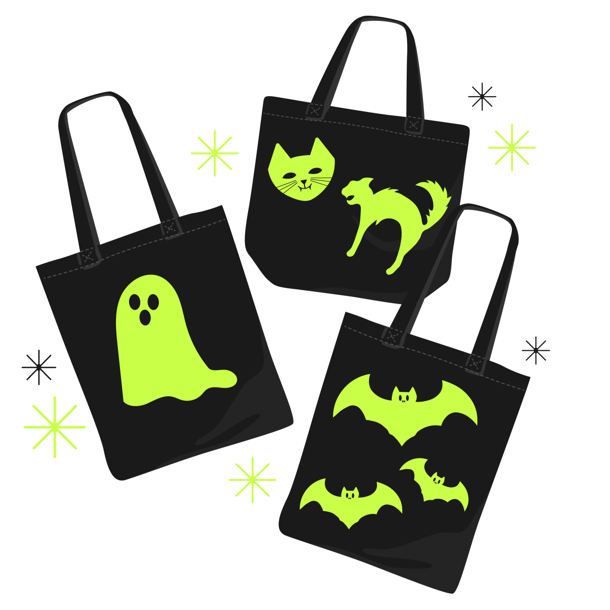 Black totes with glow in the dark designs of a ghost cat and bats