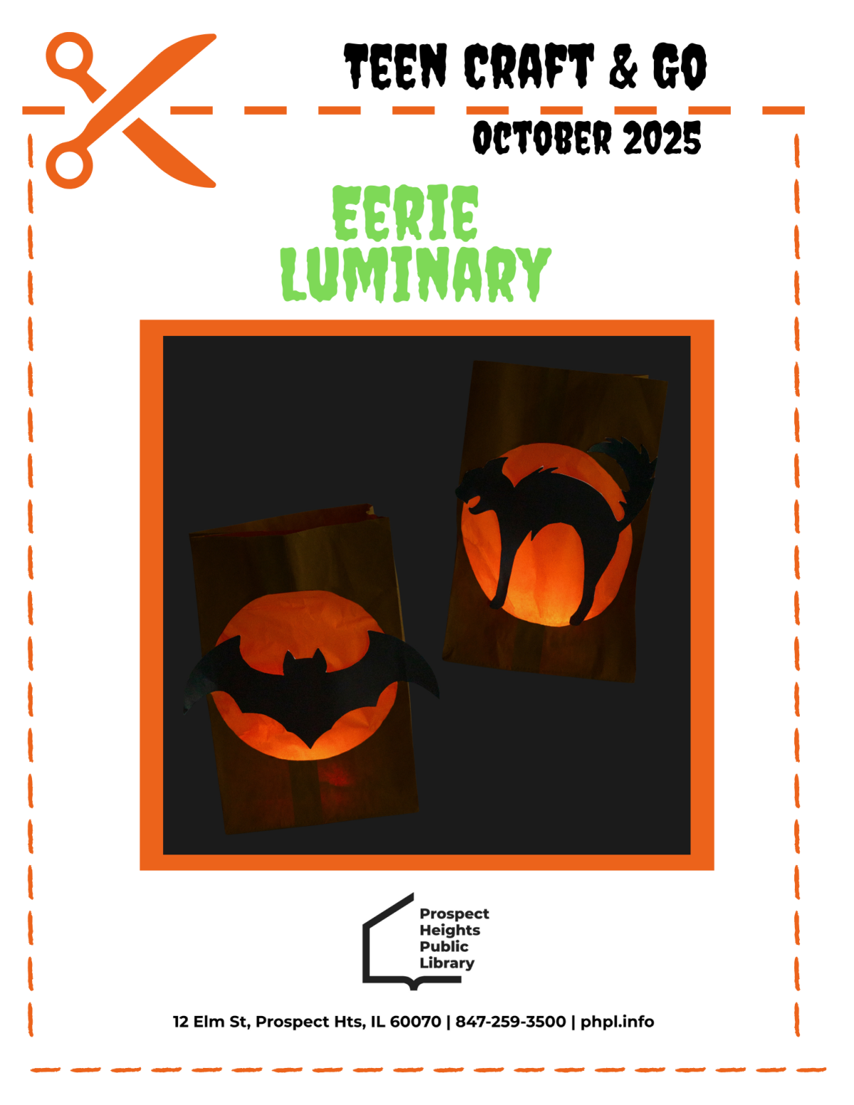 Text displaying Eerie Luminary, with an image of a luminary lit up with a cat and bat design.